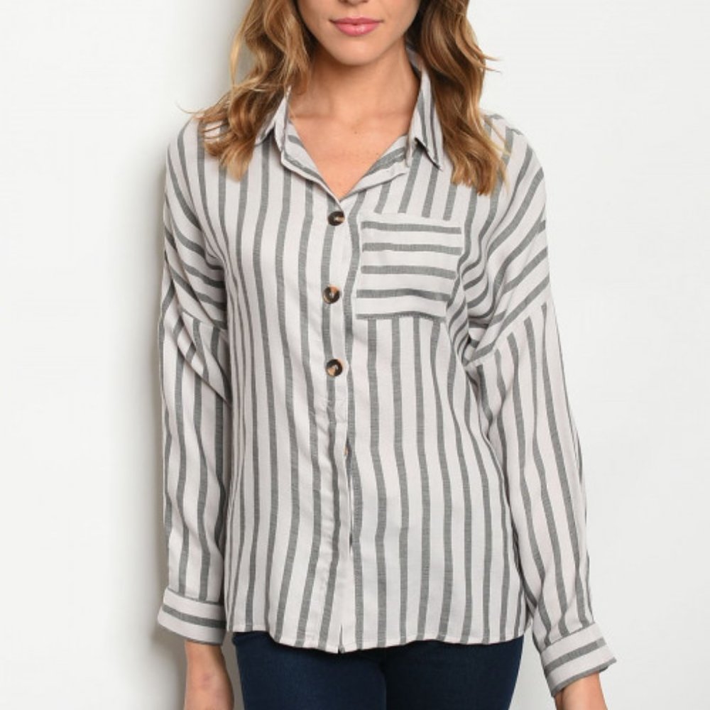 GRAY & WHITE STRIPES BUTTON DOWN TOP